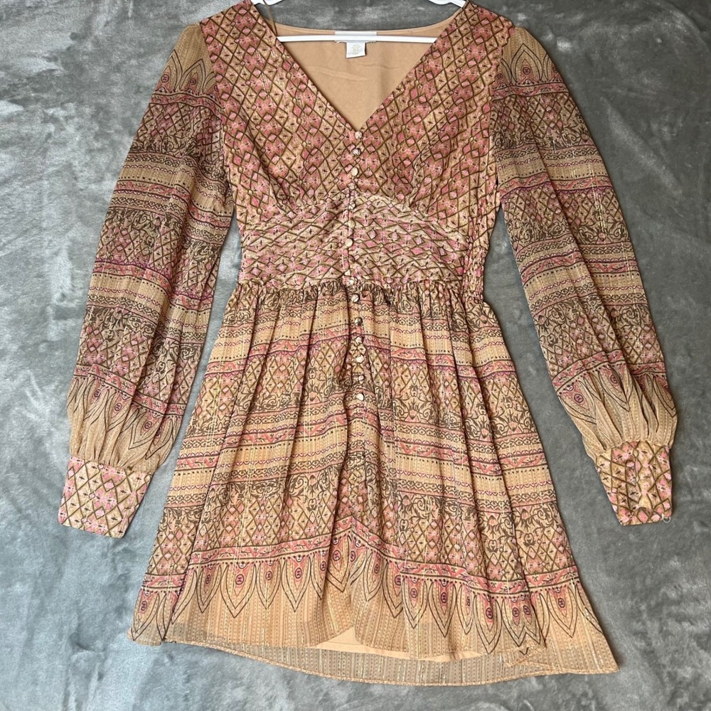 House of Harlow 1960 Boho Paisley Print Smocked Waist‎ Long Sleeve Mini Dress XS